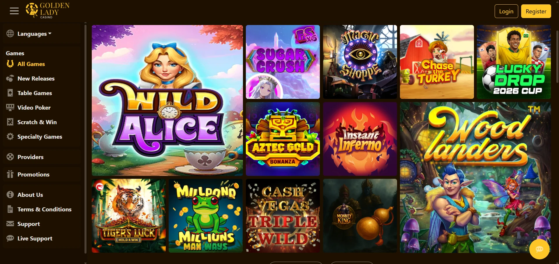 Golden Lady game lobby with category icons